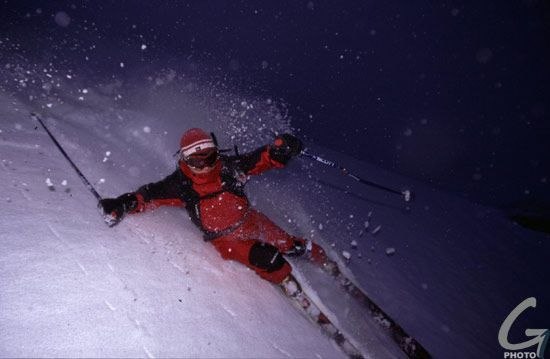 A ski after dinner makes room for drinks at the ba. Photo: Yves Garneau. Rider: Nicolas Falquet.